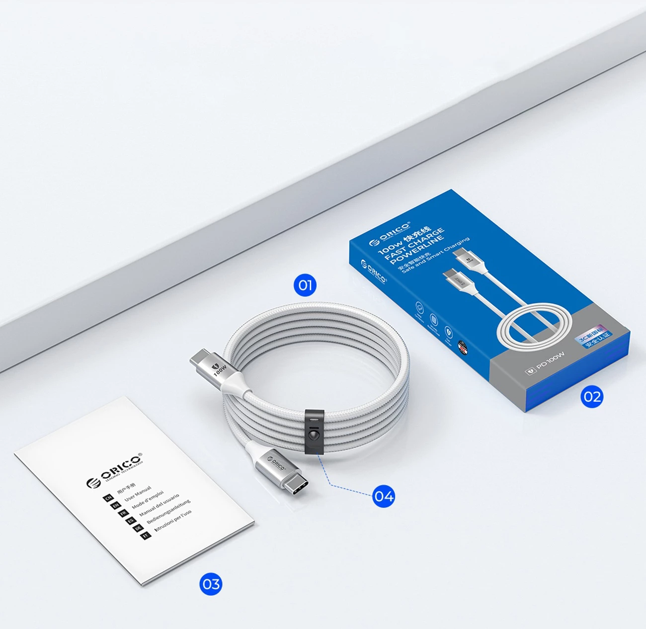 Kabllo USB-C në USB-C Orico CDX, 1m, 60W, 3A, e bardhë