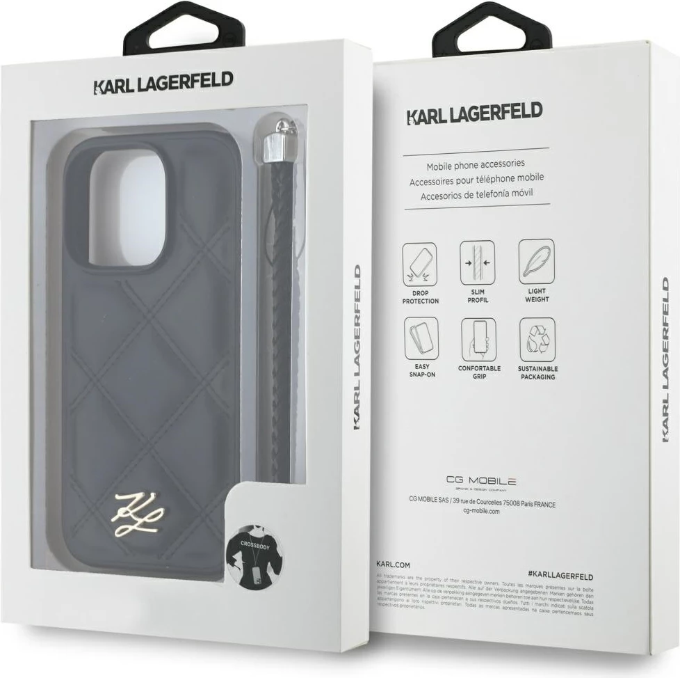 Mbështjellës Karl Lagerfeld Quilted Initial Logo & Chain Strap për iPhone 16 Pro, i zi