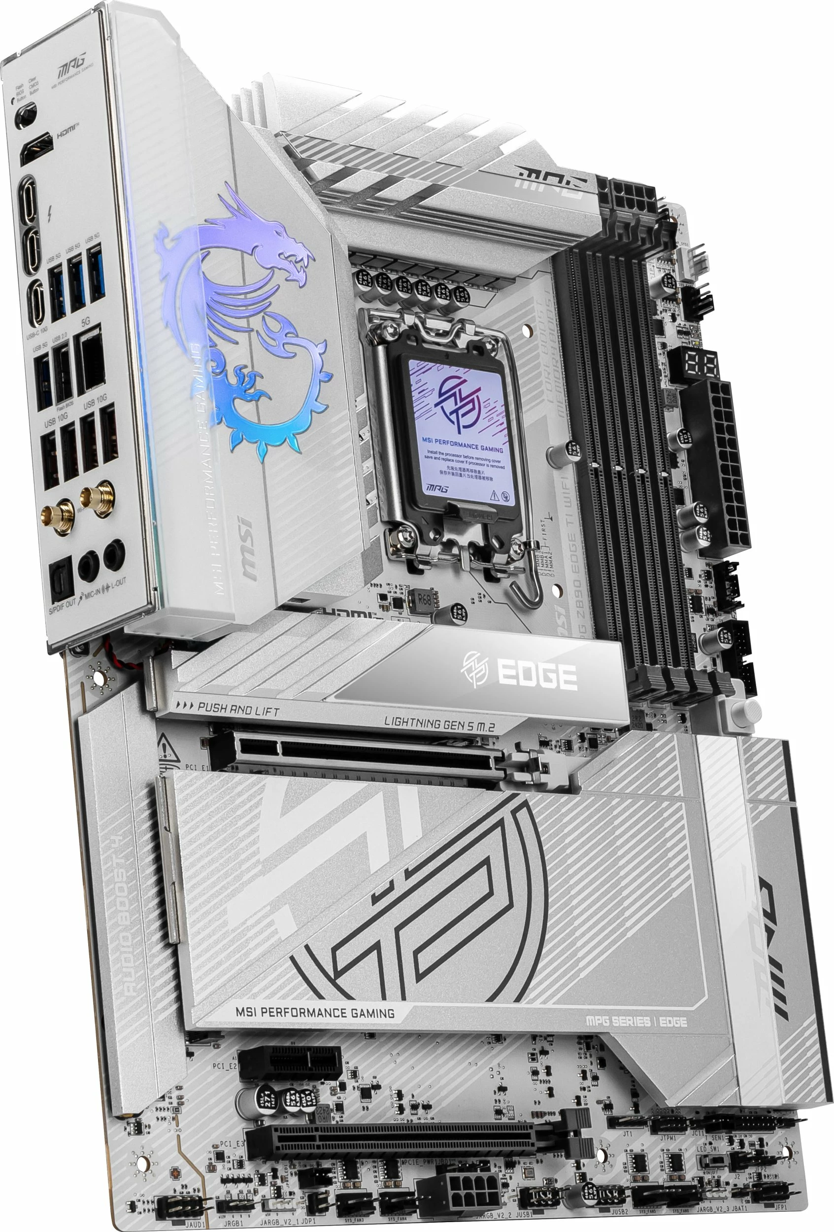 Pllakë amë MSI MPG Z890 EDGE TI WIFI, ATX, Intel Z890, LGA1851, DDR5 256GB, Wi‑Fi 7, bardhë/argjendtë