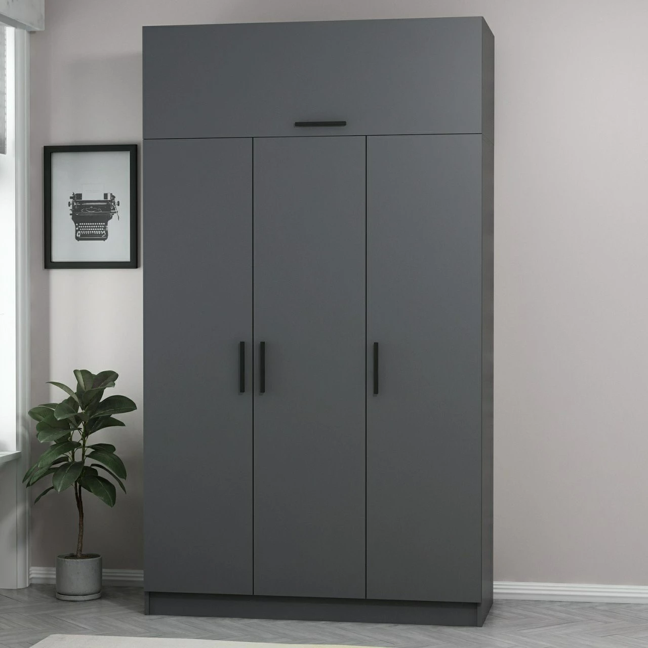 Dollap garderobe Skye Decor, 3 kapakë, 2 sirtarë, anthracite, 255cm