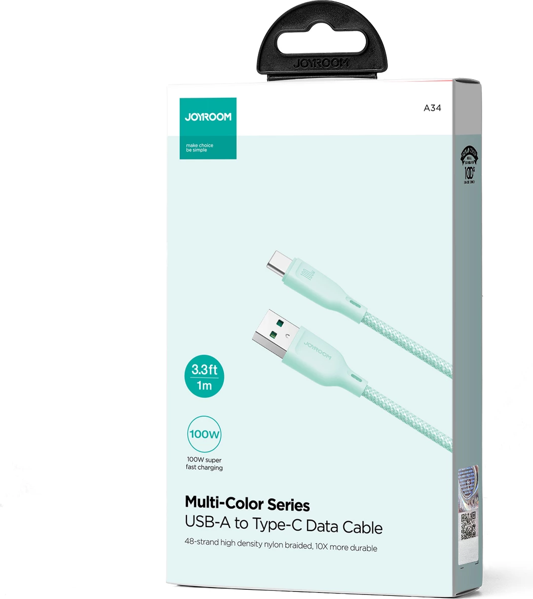 Kabllo Joyroom Multi-Color Series S-A34, USB-A në USB-C, 1m, 100W, Gjelbër