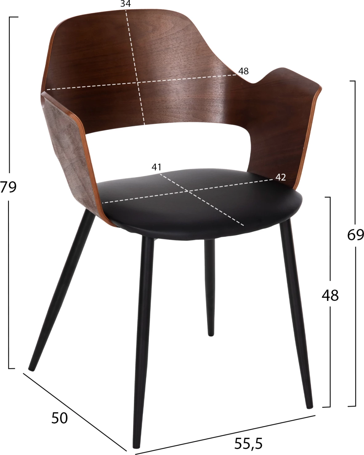 Karrige ngrënieje VELP FH9616.03 dru ngjyrë arre-PU e zezë-këmbë metali të zeza 55,5x50x79H cm., set prej 2 copë