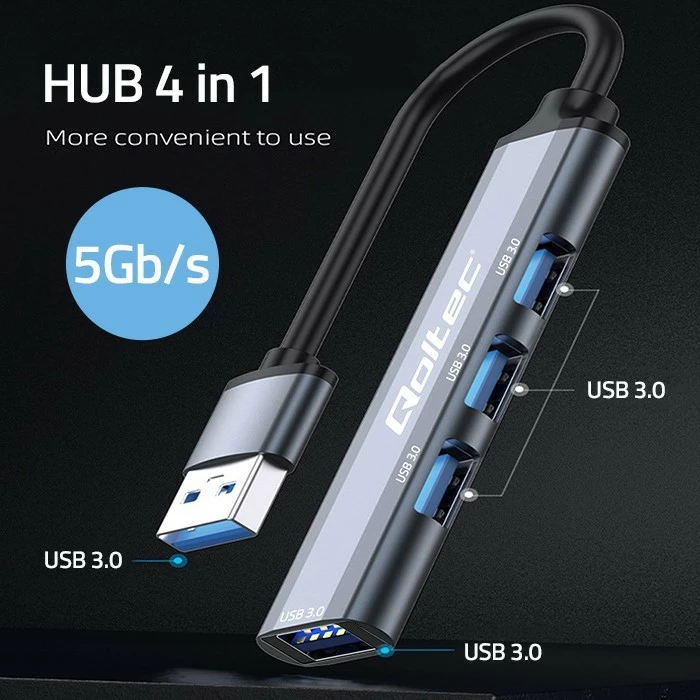 HUB USB 3.0 Qoltec 53791, 4 porte, grafit