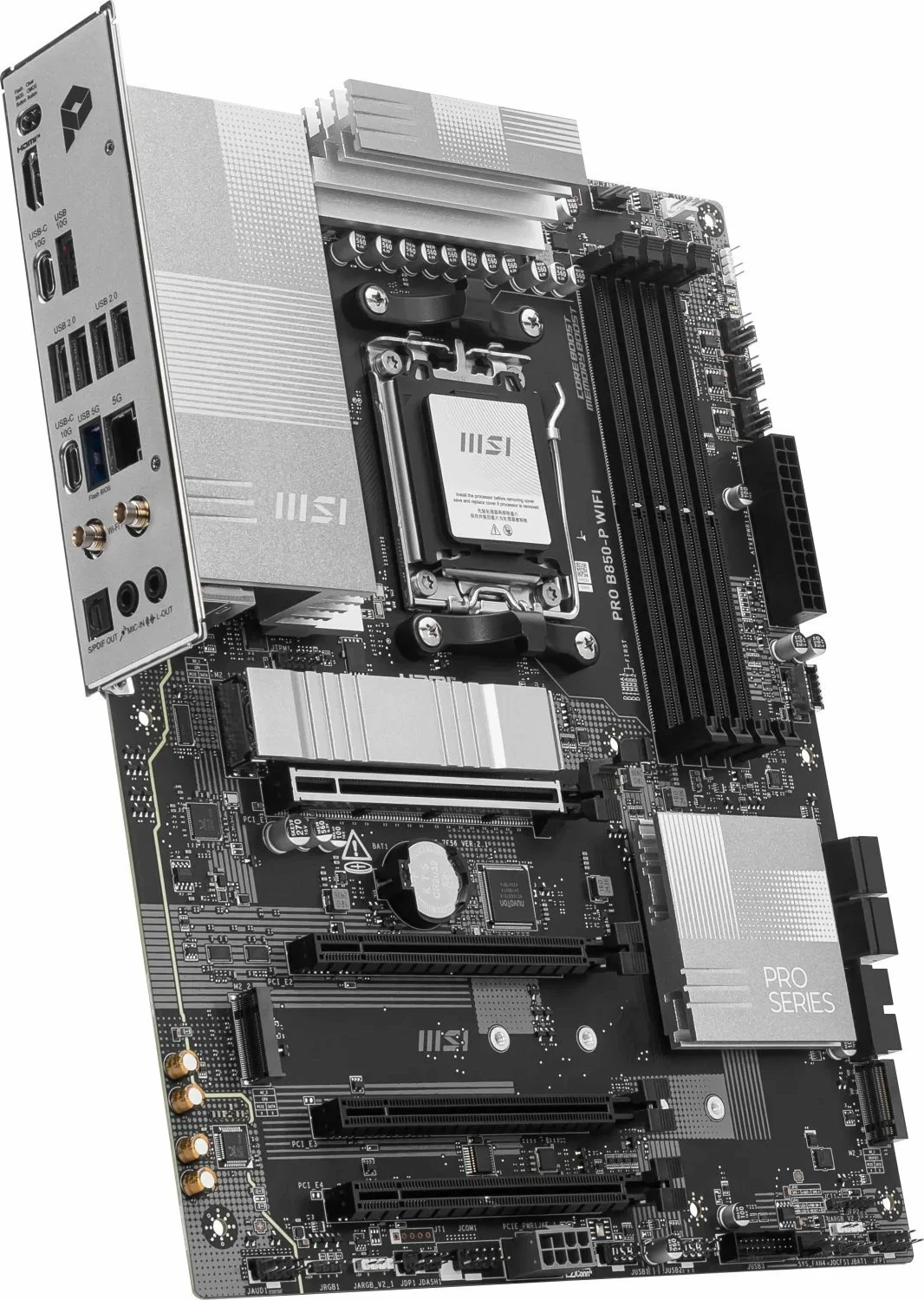 Pllakë amë MSI PRO B850-P WIFI, ATX, DDR5 deri 256GB, Wi‑Fi 7, Bluetooth, 5G LAN, PCIe 5.0, argjendtë/e zezë