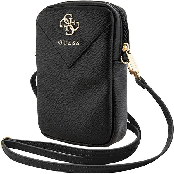çantë për celular, Guess, ZIP Leather Triangle 4G, eko-lëkurë, 19x12x3.8 cm, rrip i rregullueshëm, e zezë