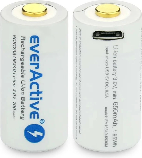 Bateri e rikarikueshme everActive 16340, 700 mAh, 3V, me Micro USB, një copë