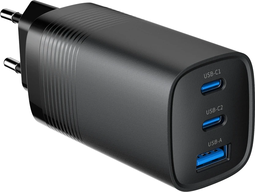 Mbushës i shpejtë GEMBIRD TA-UC-PDQC65-01-BK, 3-port 65W GaN USB PowerDelivery, i zi