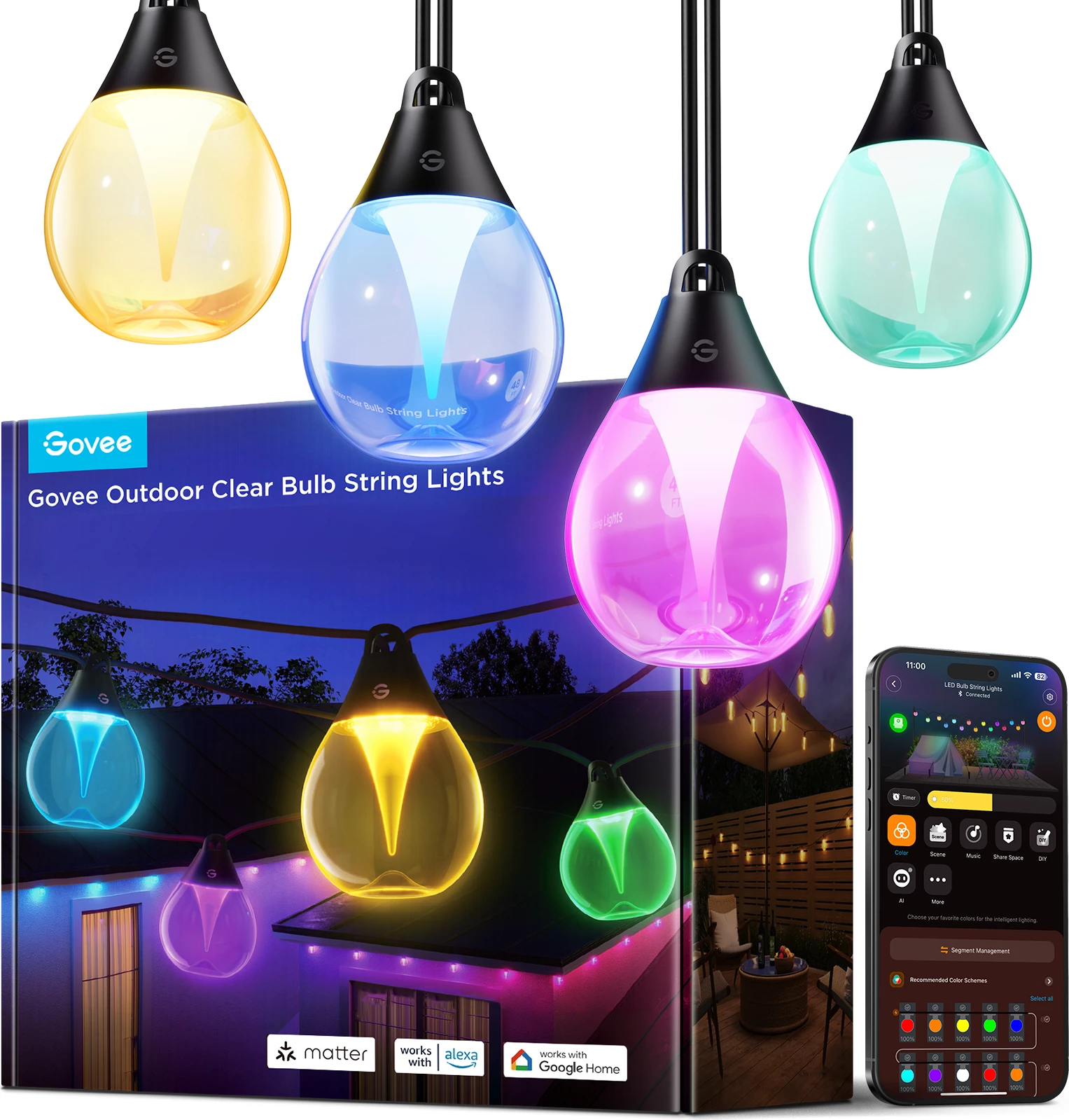 Varg dritash LED smart për jashtë Govee Outdoor Clear Bulb String Lights 48 ft (14.6 m) RGBWIC 1200 lm, transparente