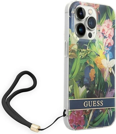Mbështjellës Guess GUOHCP14LHFLSB për iPhone 14 Pro 6.1", Flower Strap, Blu