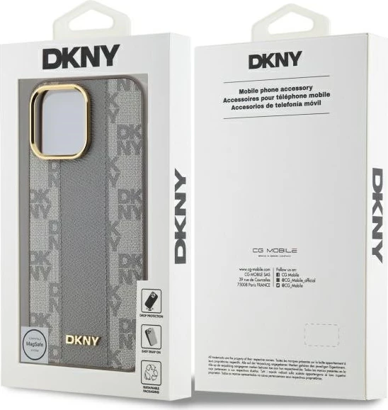 Mbështjellës DKNY Leather Checkered Mono Pattern MagSafe për iPhone 14 Pro Max, Bezhe