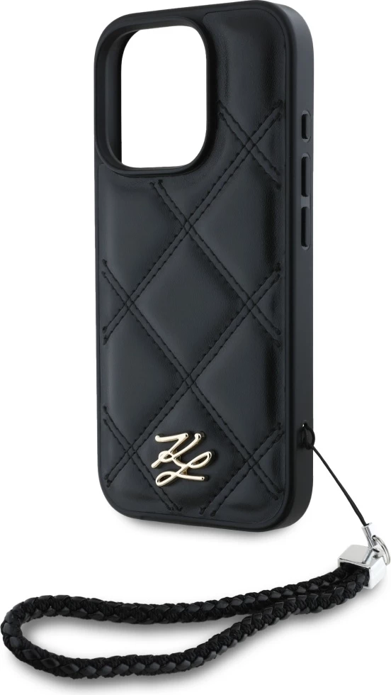 Mbështjellës Karl Lagerfeld Quilted Initial Logo & Chain Strap për iPhone 16 Pro, i zi