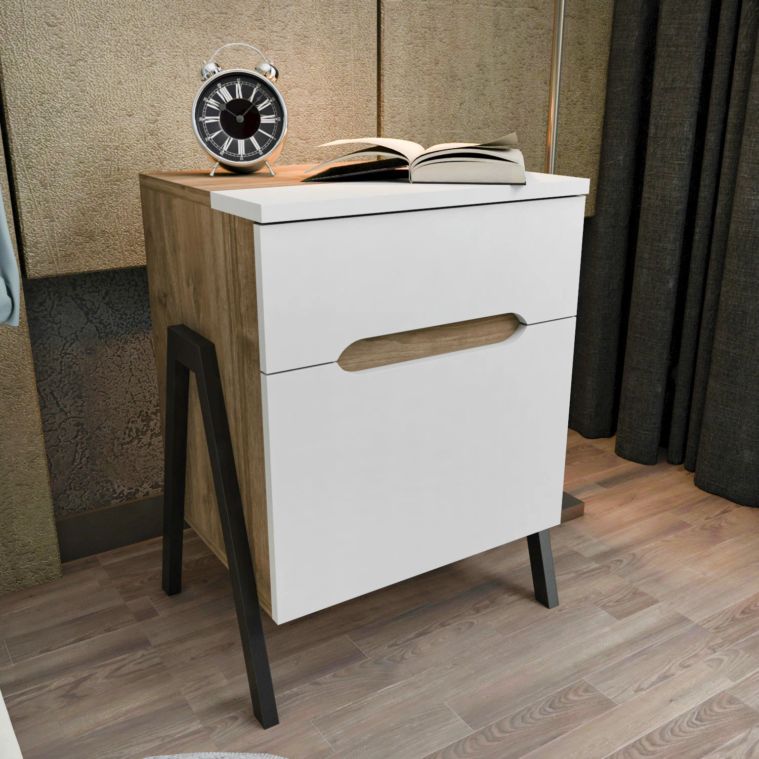 Komodinë Skye Decor, Neva, ngjyrë arrë dhe e bardhë