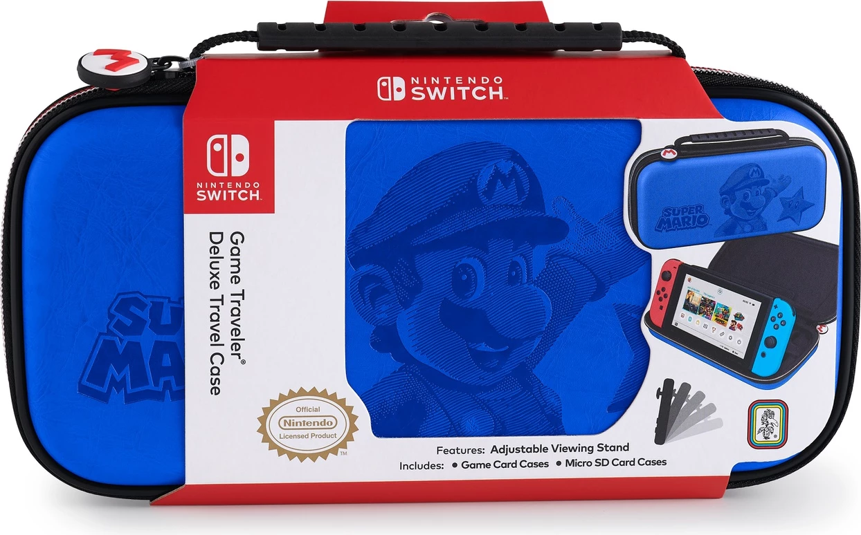 Çantë mbrojtëse Bigben Nintendo Switch Mario Travel Case, me stand dhe hapësirë për lojëra/microSD, blu