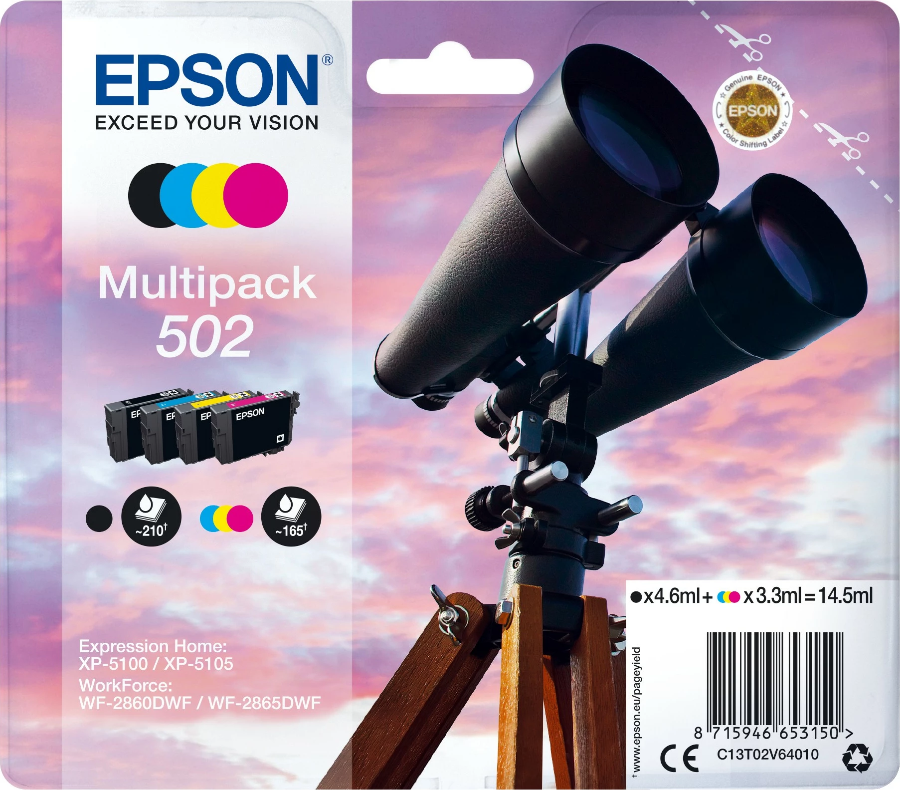 Multipack bojë Epson 502, Standard Yield, 4 ngjyra, 4.6 ml, 3.3 ml
