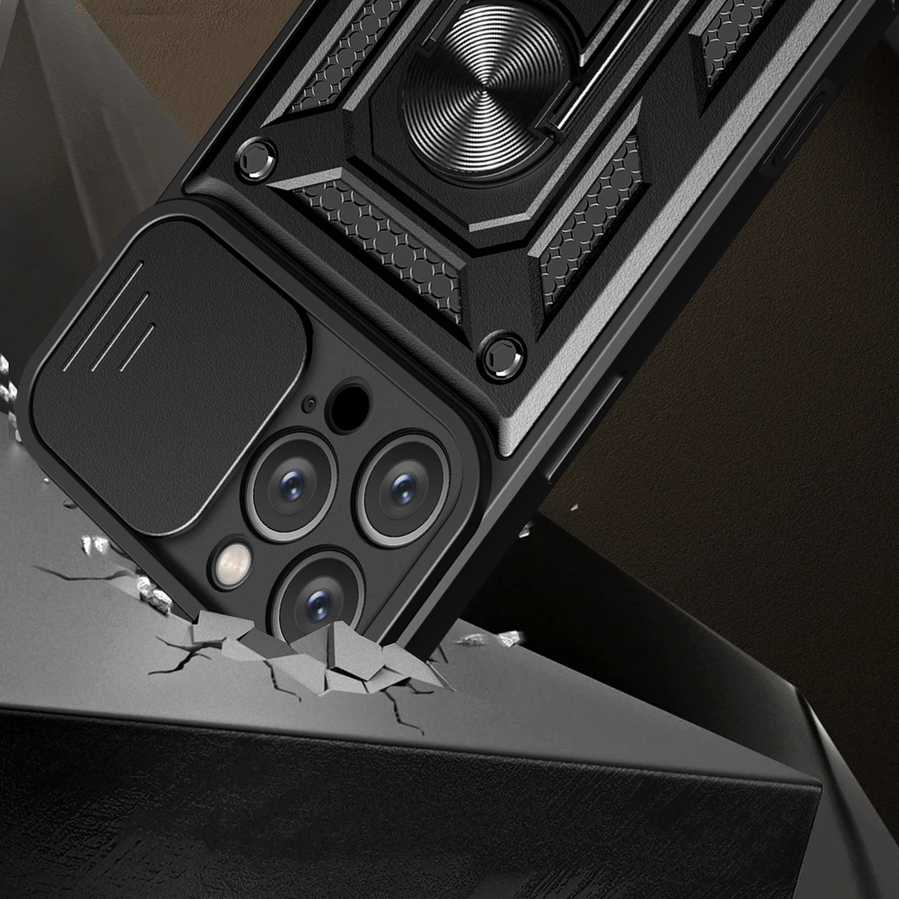 Mbështjellës Hurtel Hybrid Armor Camshield për iPhone 16 Pro Max, me mbulesë kamere dhe qëndrim, zi