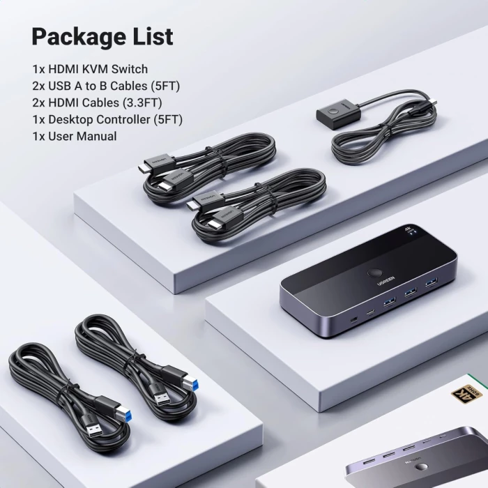 KVM Switch UGREEN 15707 HDMI 4K@60Hz 1 monitor / 2 kompjuterë, i zi