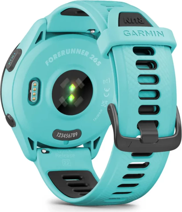 Smartwatch Garmin Forerunner® 265 Black Bezel, Aquamarine Case, Aquamarine/Black Silicone Strap, 46 mm
