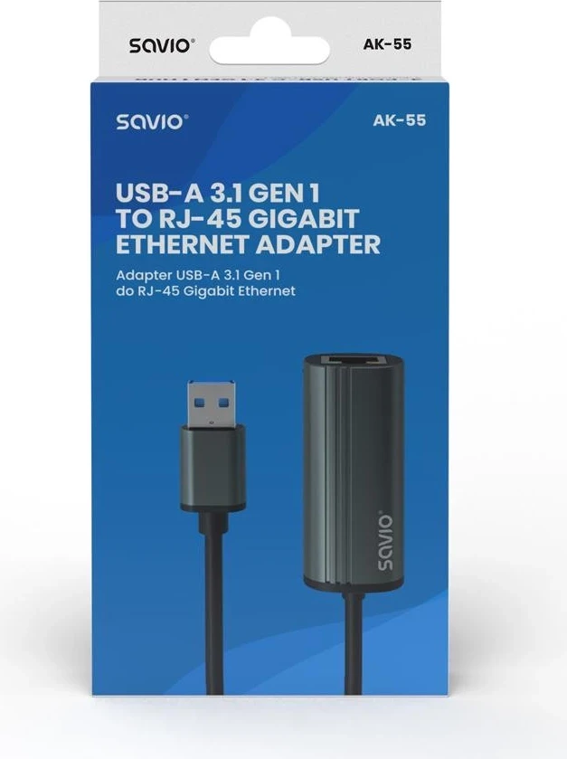 Adapter USB-A 3.1 Savio AK-55, RJ-45 Gigabit Ethernet, gri