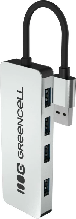 Hub USB-A, Green Cell HUB-GC-A4A, 4x USB 3.0 deri 5 Gb/s, kabëll i integruar 15 cm, kasë alumini, argjend/zi