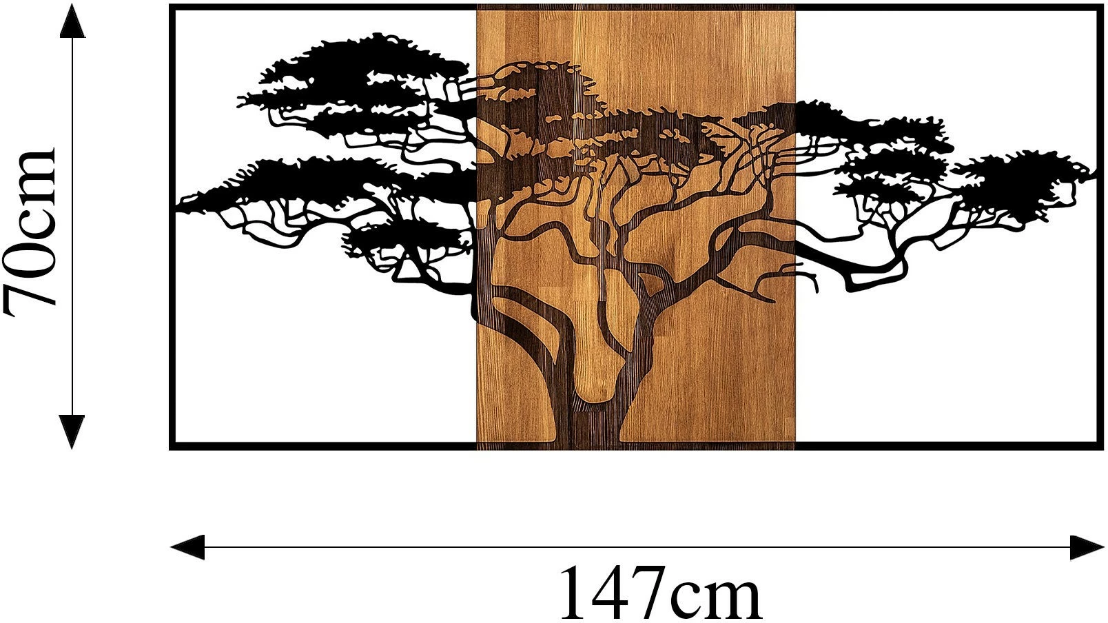Aksesor dekorativ për mur, dru dhe metal, dizajn peme akacie, ngjyrë e zezë dhe arre, 147x3x70 cm