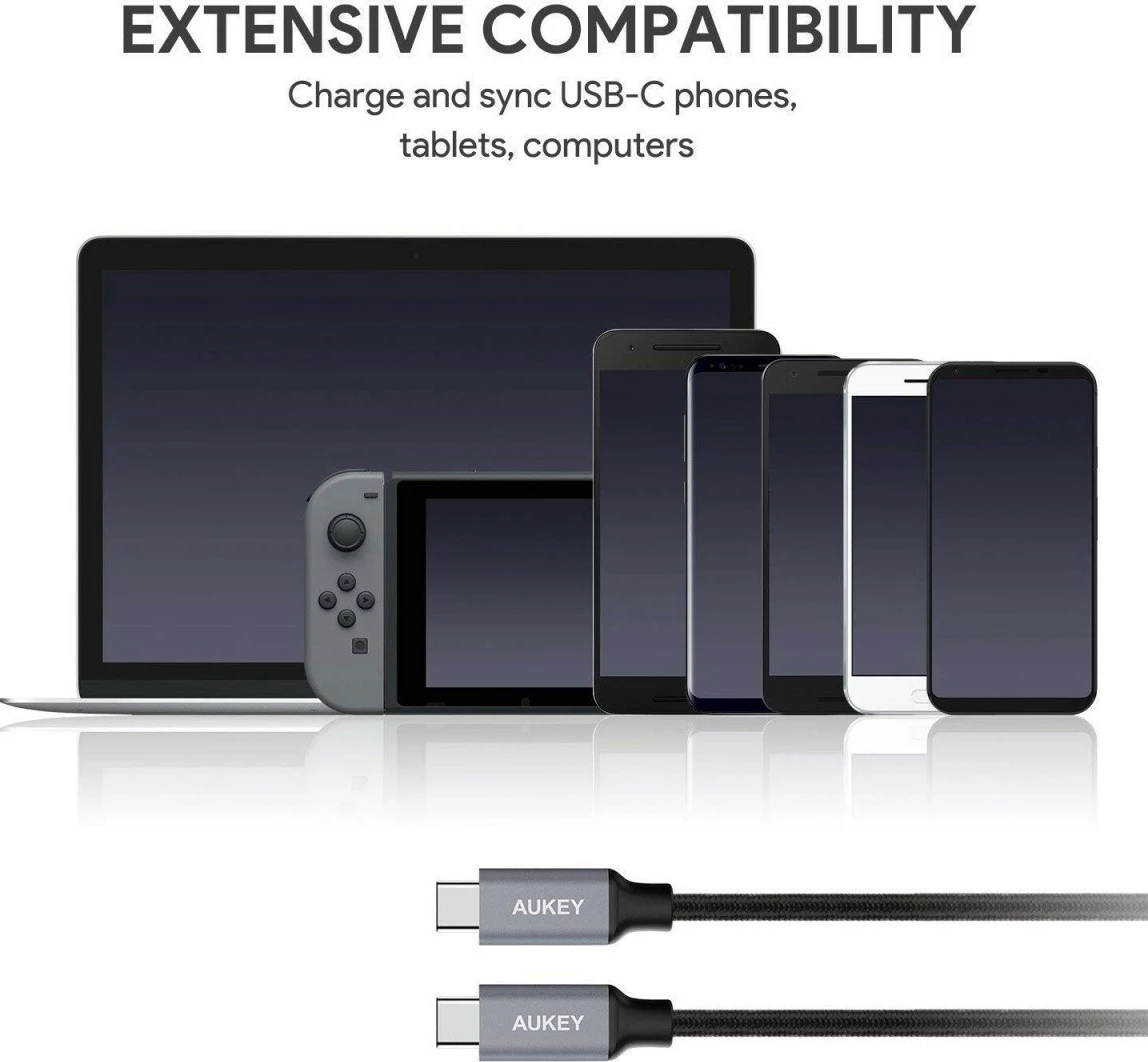 Kabllo USB Type-C AUKEY CB-CD6, 2m, 60W, Najlon, E zezë/gri