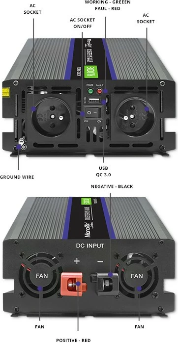 Konvertues voltazhi Qoltec Monolith 3000 MS Wave, 12V në 230V, 1500/3000W, USB, Zi