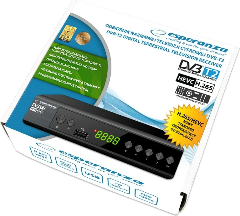 Dekoder digjital Esperanza DVB-T2 HEVC H.265, me pilot, i zi