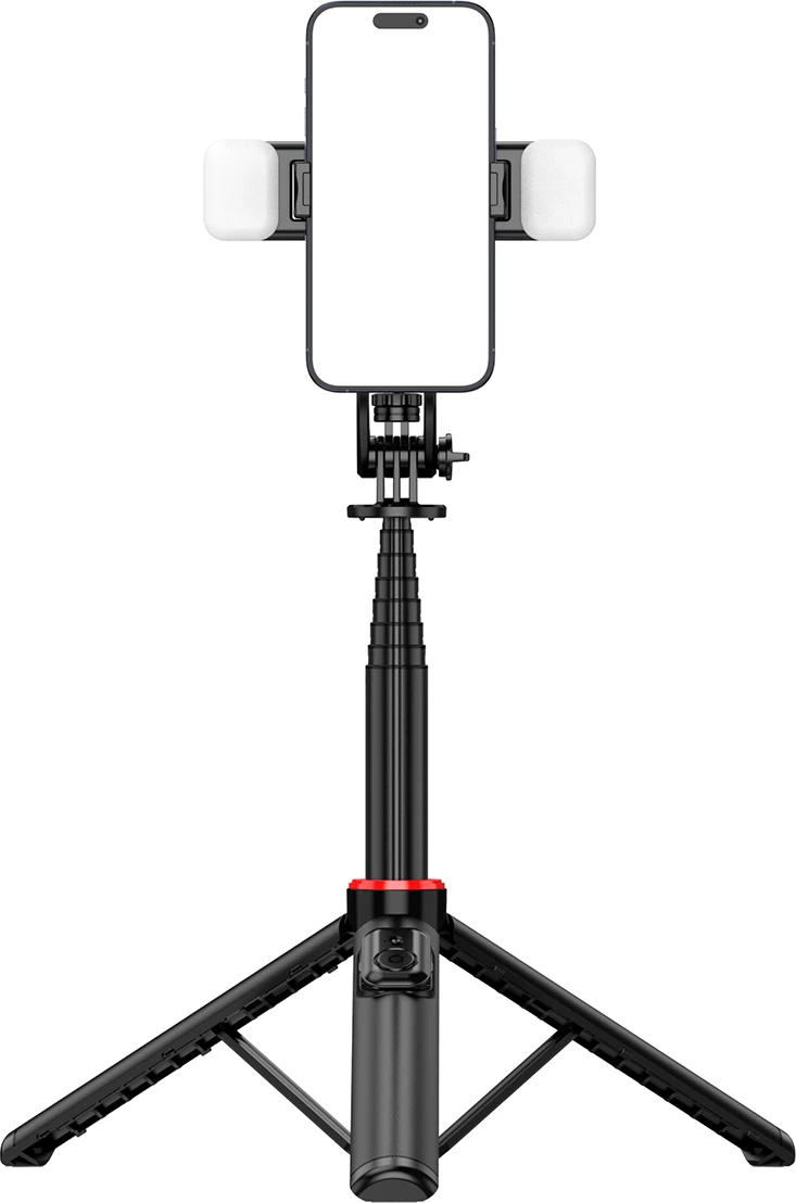 Selfie stick Hurtel WC12YDS tripod teleskopik me dy llampa, 1.3m, Bluetooth, i zi