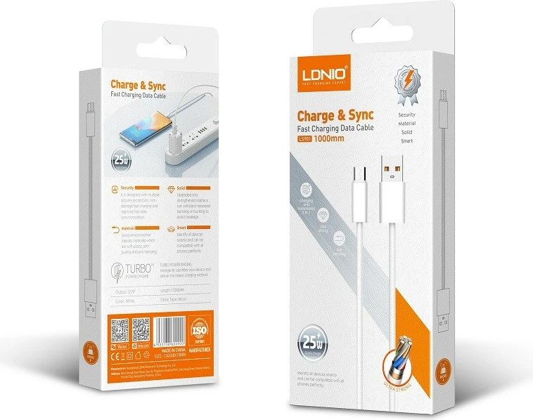 Kabllo karikimi dhe të dhënash LDNIO LS901_C, USB-A në USB-C, e thurur, 25W, 1m, e bardhë