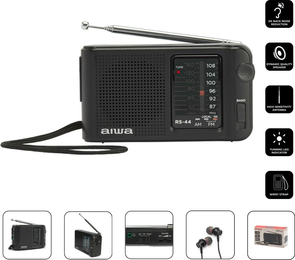 Radio portative xhepi Aiwa RS-44 AM/FM, analog ETS, jack 3.5mm, me kufje, këllëf dhe 2x AA, e zezë