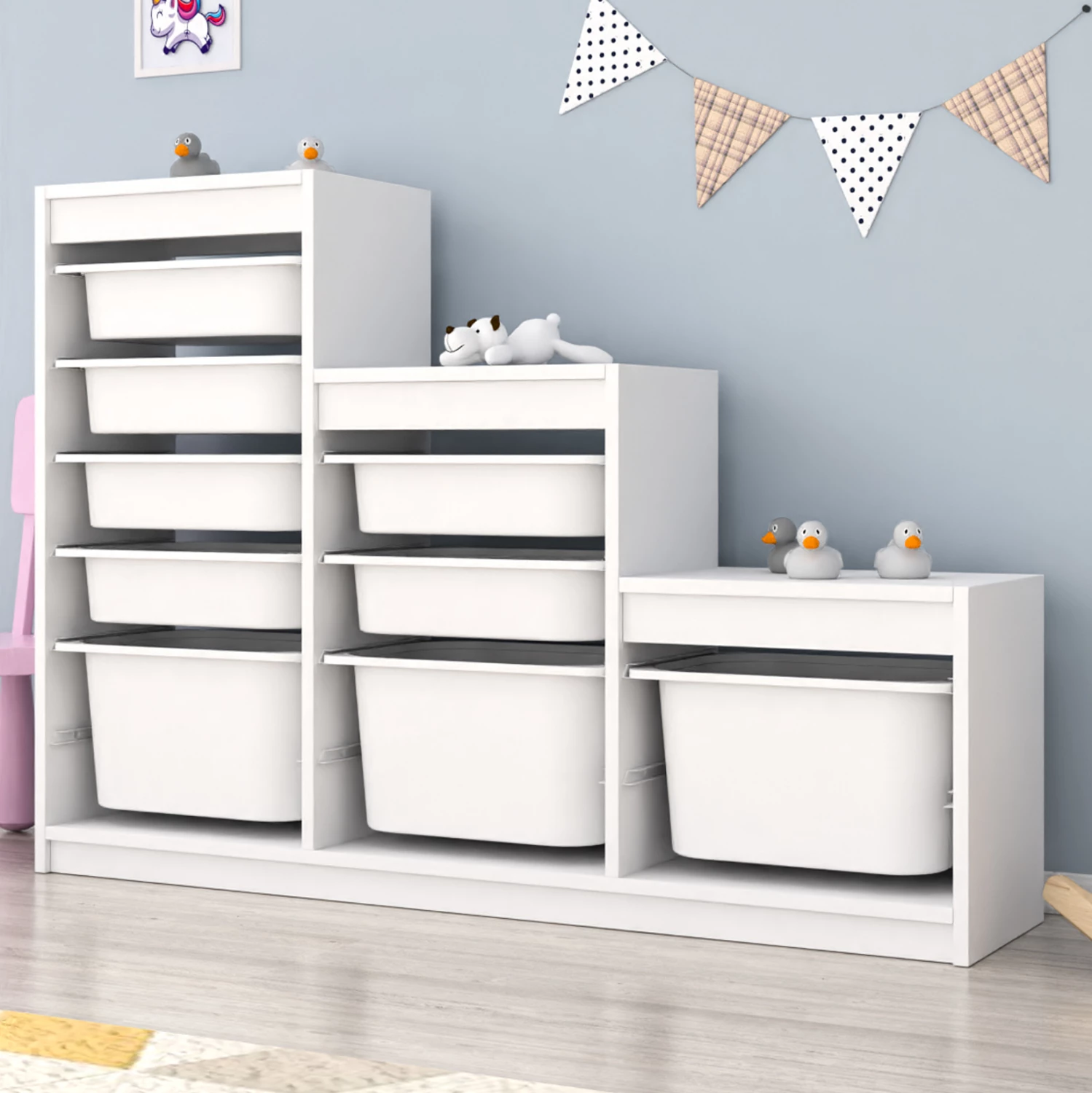 Komodinë e ngushtë SANI FH18206.01 melaminë e bardhë me sirtarë plastikë 93x29,6x132,3 cm