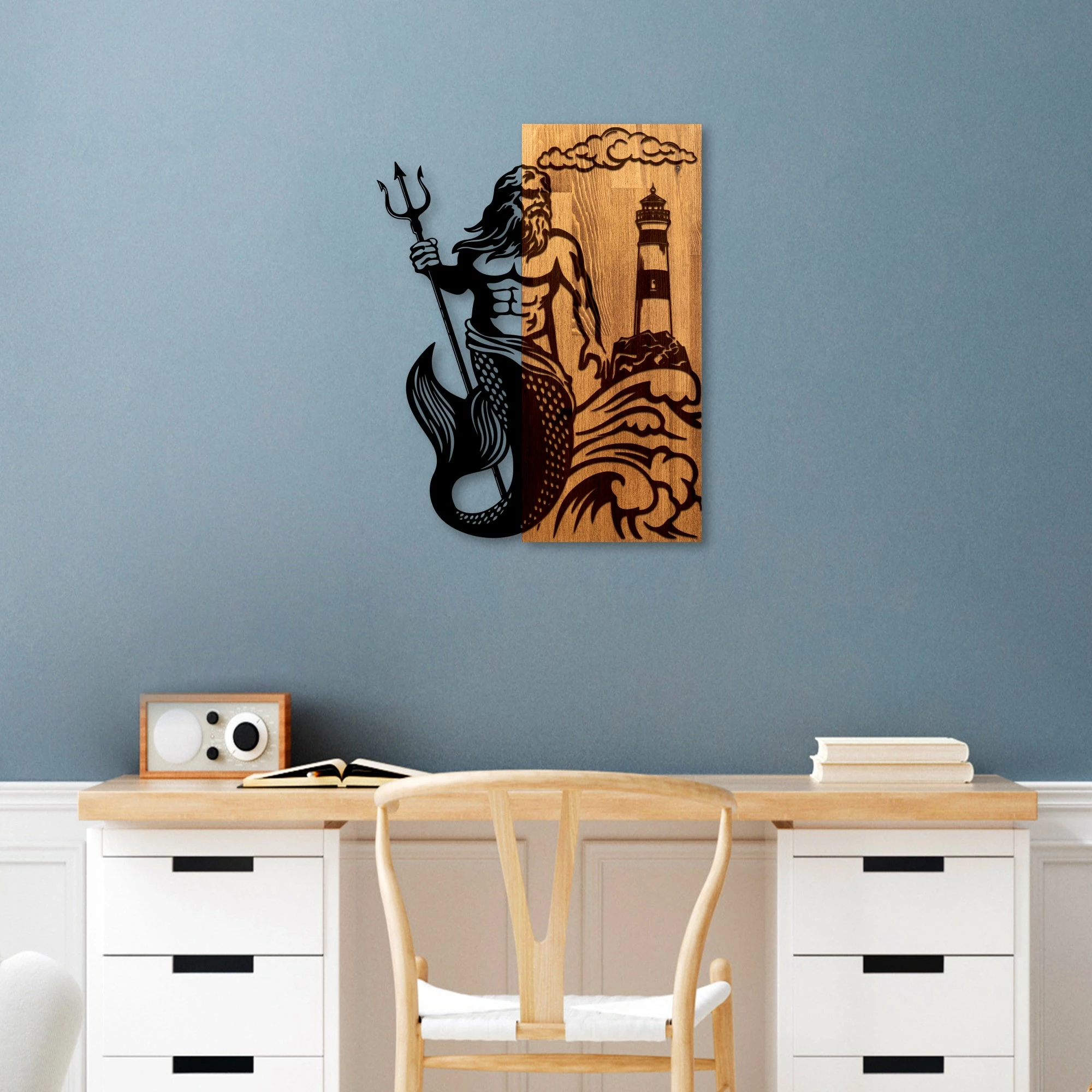 Aksesor muri dekorativ prej druri, Wallity, Poseidon, ngjyrë arre dhe e zezë, 45x58x3cm