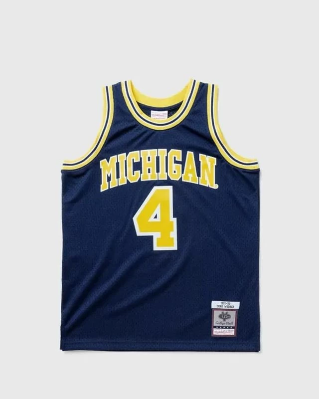 Fanellë për meshkuj Mitchell & Ness NCAA Swingman Road Jersey Michigan1991 Chris Webber, blu marine