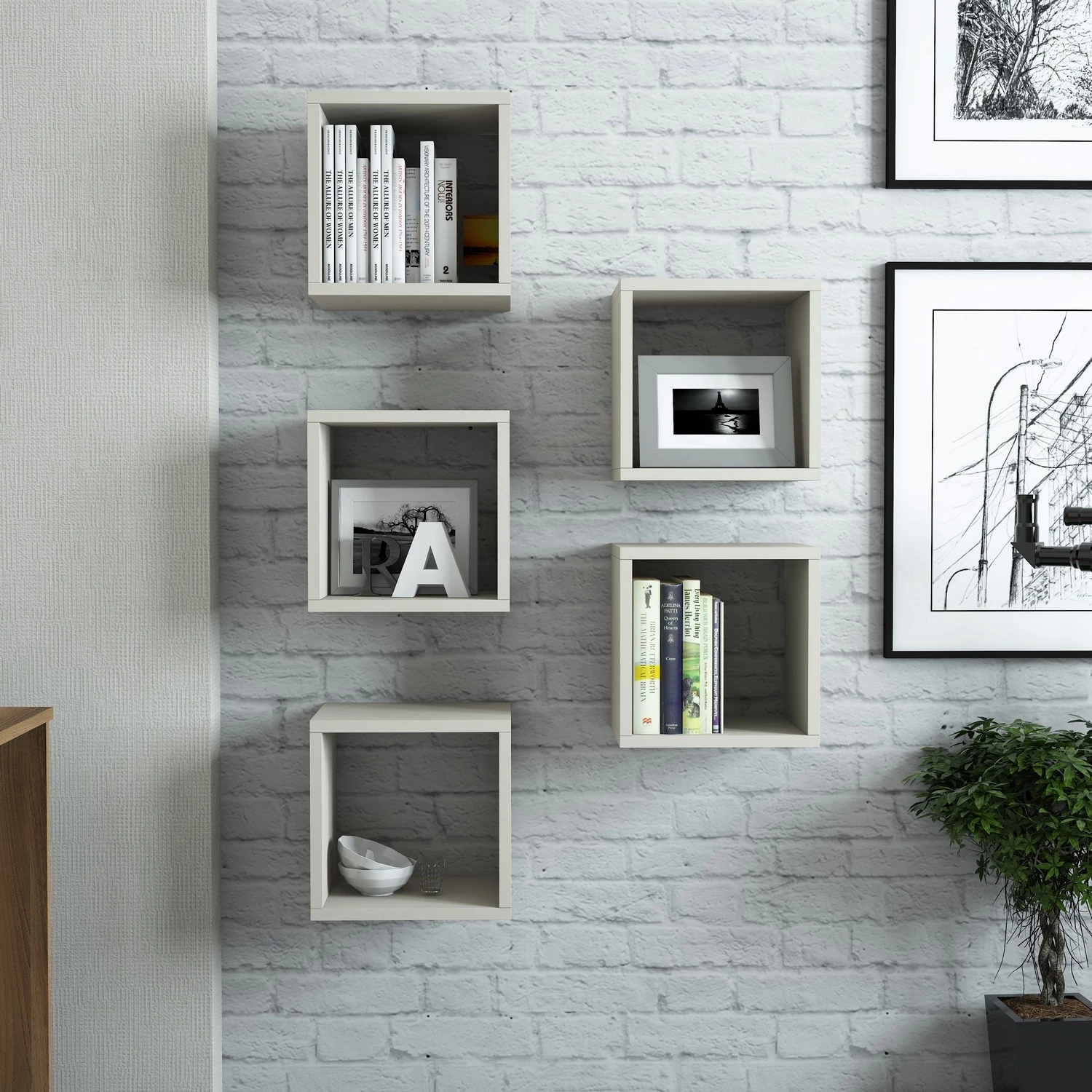 Raft muri, formë kuti, krem, Skye Decor, 5 copë