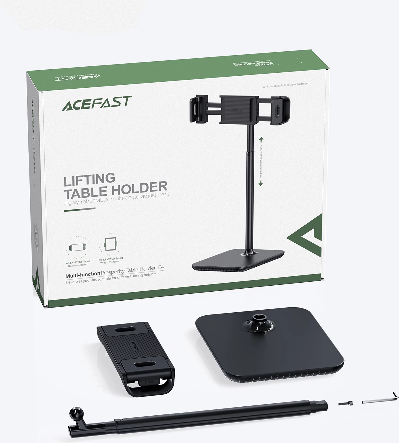 Mbajtës teleskopik Acefast E4 për tavolinë, për celularë dhe tabletë, 135-230mm, 360°, zi