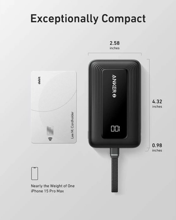 Powerbank Anker Zolo A1688H11 10000 mAh 30W me kabllo USB-C të integrume, e zezë