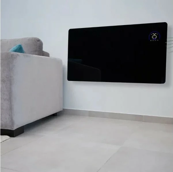 ngrohës panelor me infra të kuqe prej xhami, MPM MUG-23, 600W, Wi‑Fi Tuya, telekomandë, ekran LED, montim në mur ose me këmbë, e zezë