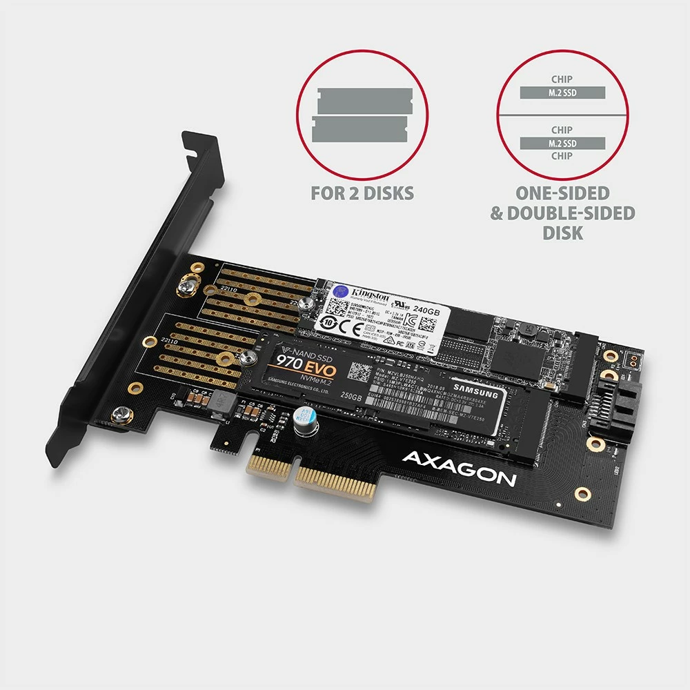 Adapter PCIe x4 AXAGON PCEM2-D për 1x M.2 NVMe M-key + 1x SATA B-key, me aksesorë, i zi