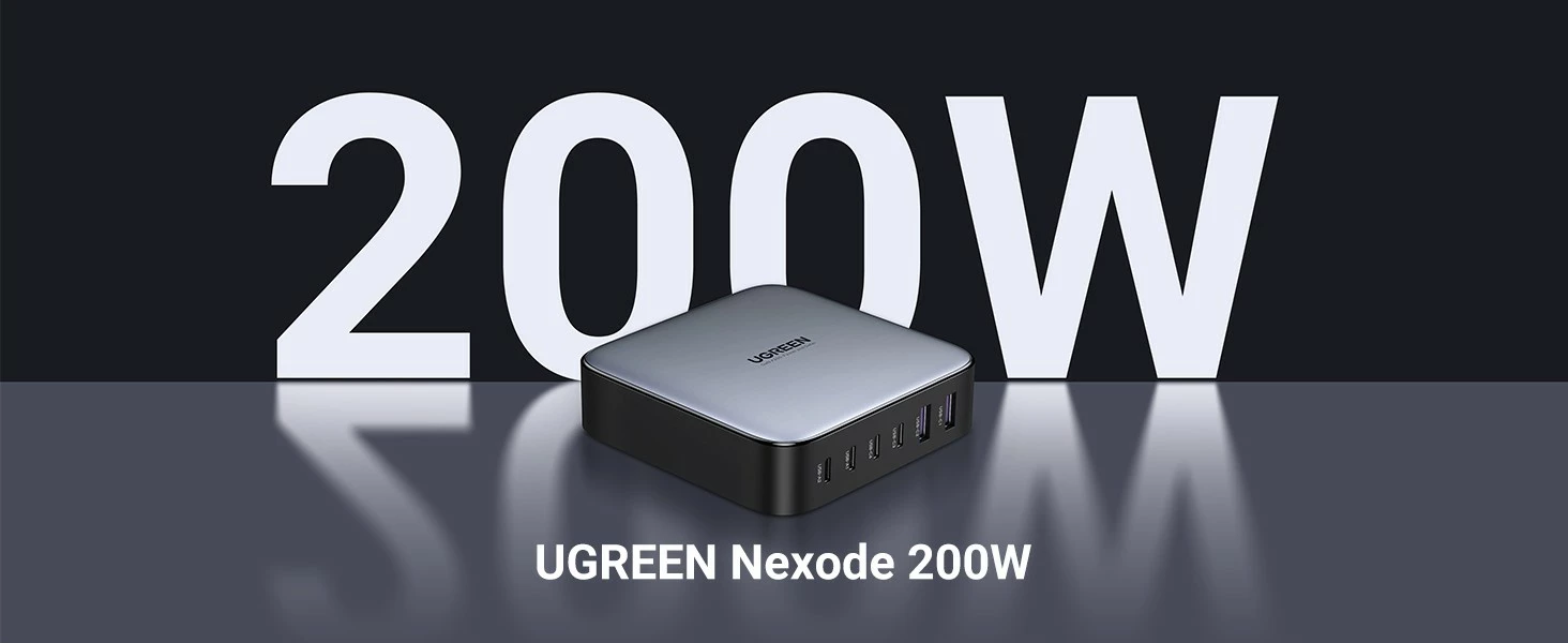 Karikues desktop Ugreen Nexode 40914, 200W, GaN, USB-C/USB-A, i zi/gri