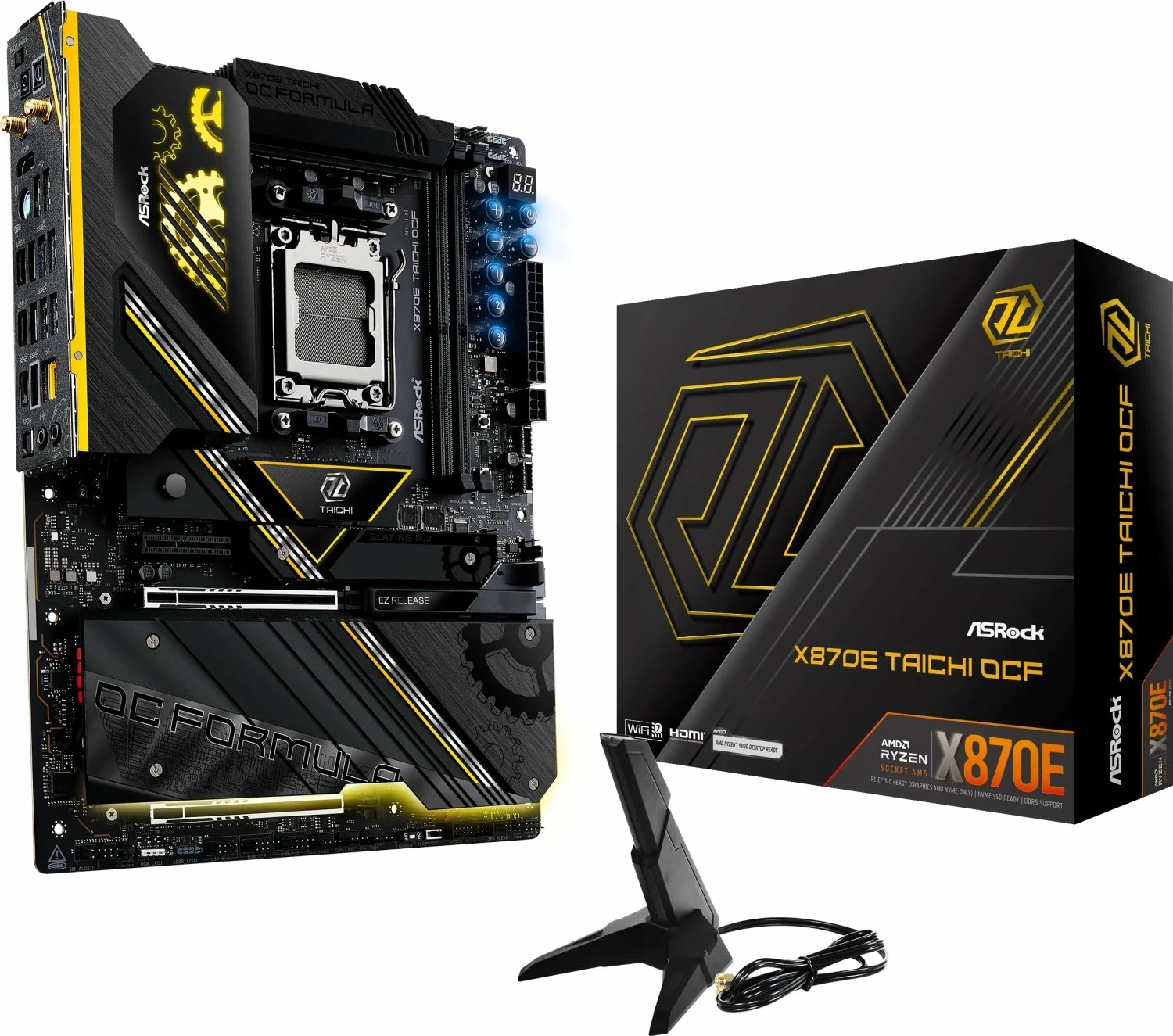 Pllakë amë ASRock X870E Taichi OCF, AM5, ATX, DDR5 128GB, Wi‑Fi 7, e zezë me detaje ari