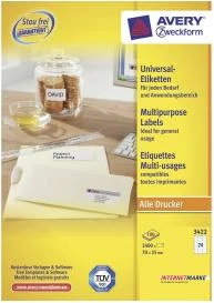 Etiketa vetëngjitëse, Avery Zweckform, 3422 70 x 35 mm A4, 100 fletë, e bardhë