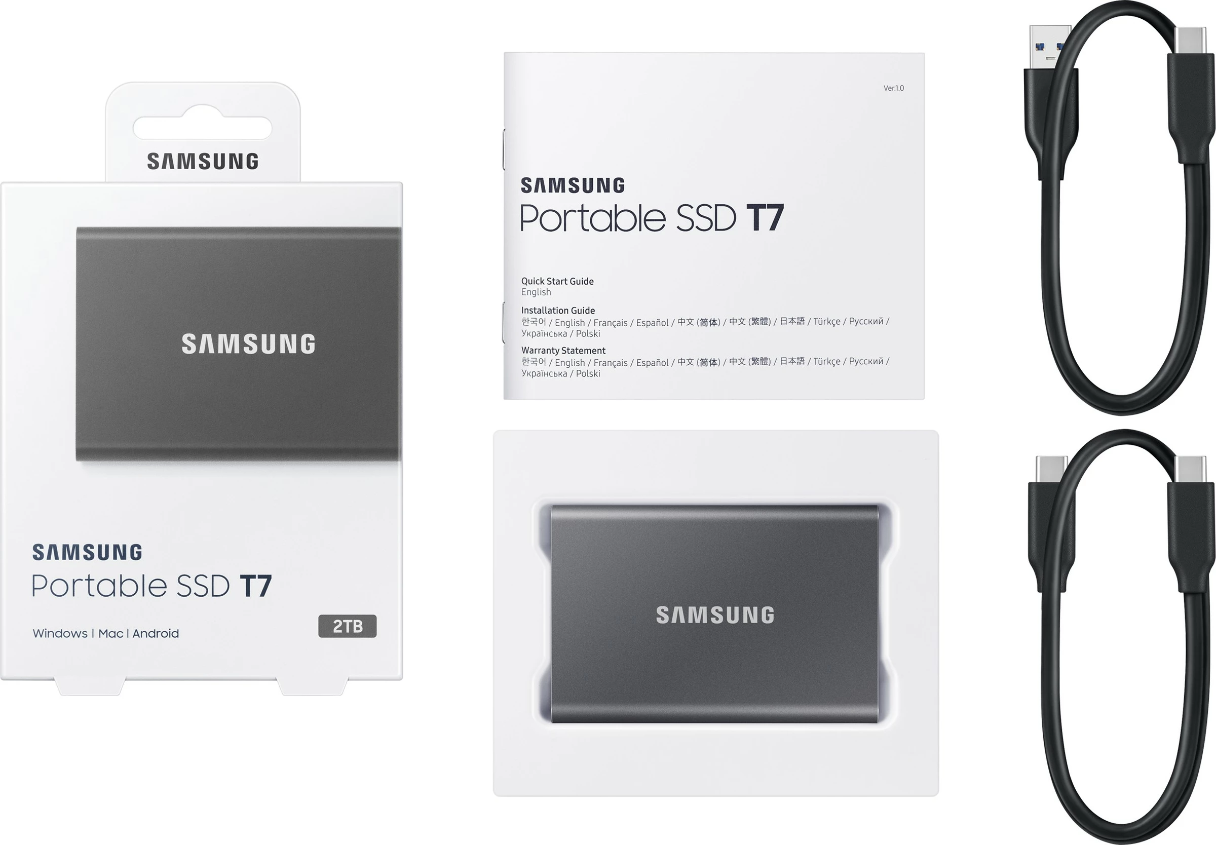 SSD portabël Samsung T7, 2 TB, USB Type-C, 3.2 Gen 2, Gri