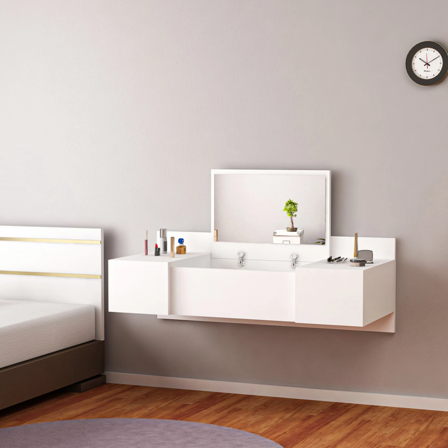 Tavolinë për grim e varur në mur, LINDE, melaminë, e bardhë, 100x39x33H cm