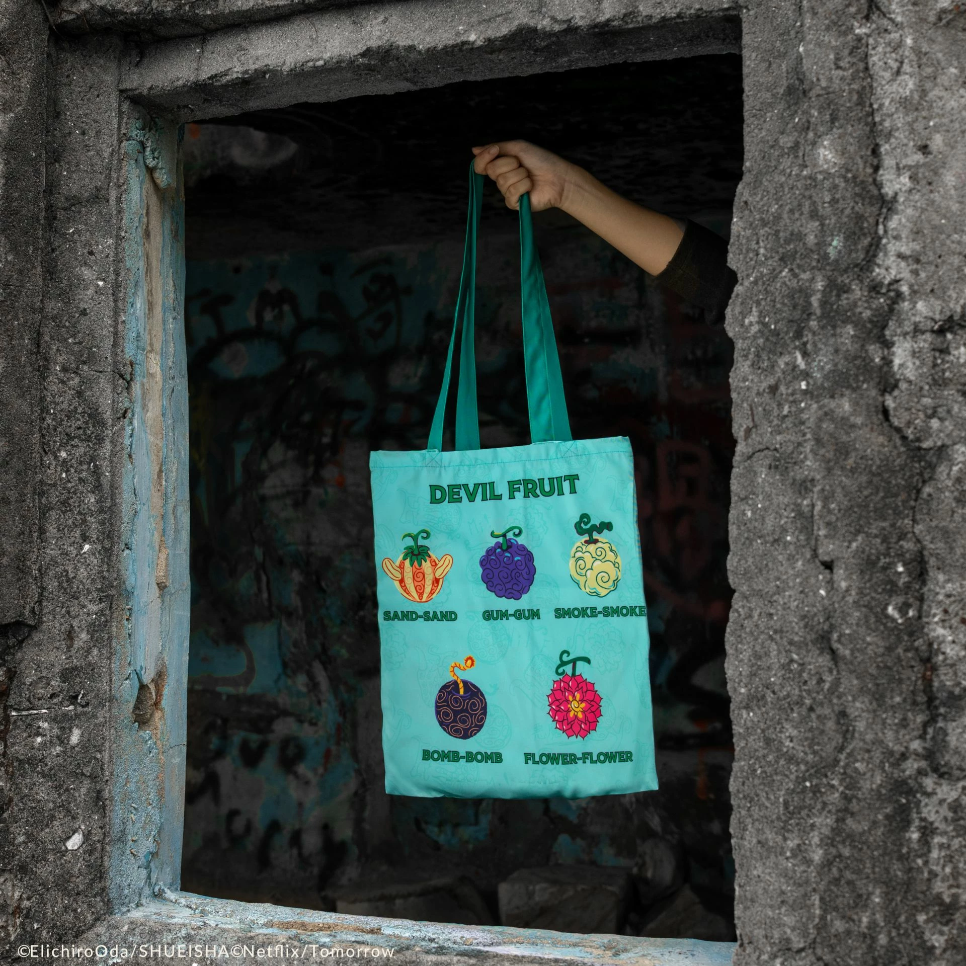 Çantë tote Cinereplicas One Piece Devil Fruit 42×38 cm, turkeze