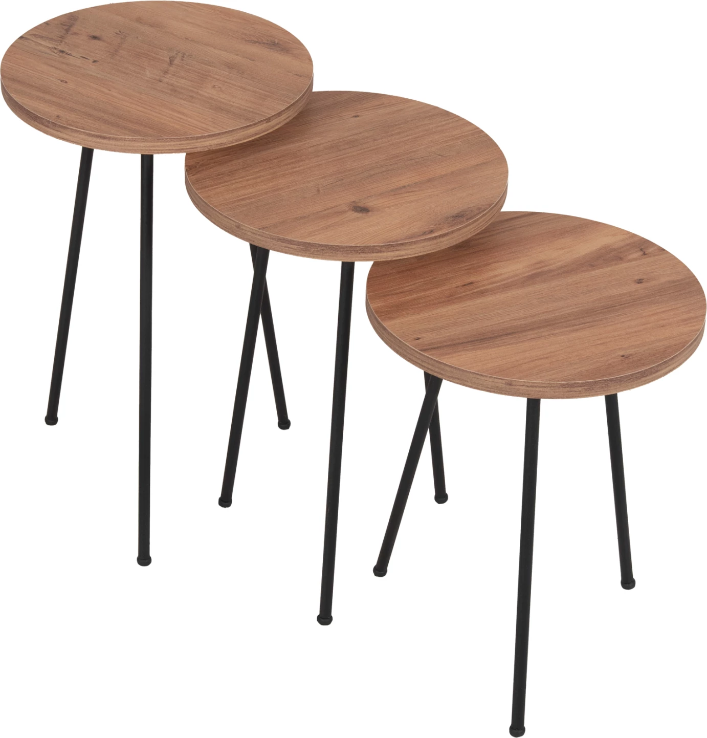 Set tavolina anësore të rrumbullakëta KISSA FH18174.04 melaminë ngjyrë druri natyral-këmbë metali të zeza