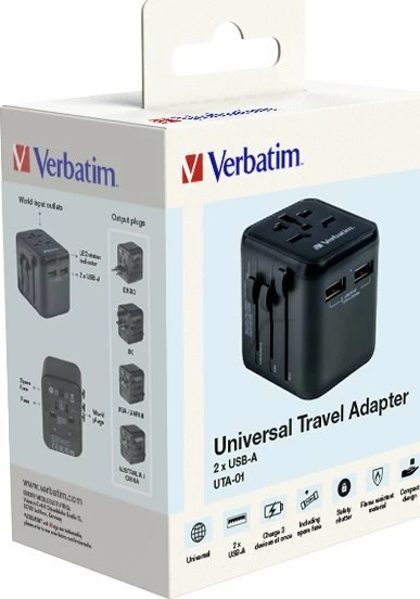 Adapter udhëtimi universal Verbatim UTA-01, 2x USB-A, 100-250V, 180+ shtete, i zi