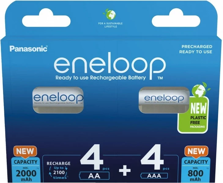 Bateri të rikarikueshme Panasonic Eneloop BK-3MCDE+4MCDE/8CP, 4x AA 2000 mAh + 4x AAA 800 mAh, Bardhë, set 8 copë