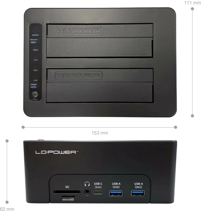 Docking station LC-Power LC-DOCK-C-MULTI-HUB, 2x SATA 2.5/3.5", USB 3.2 Gen 2, HDMI, SD/microSD, e zezë