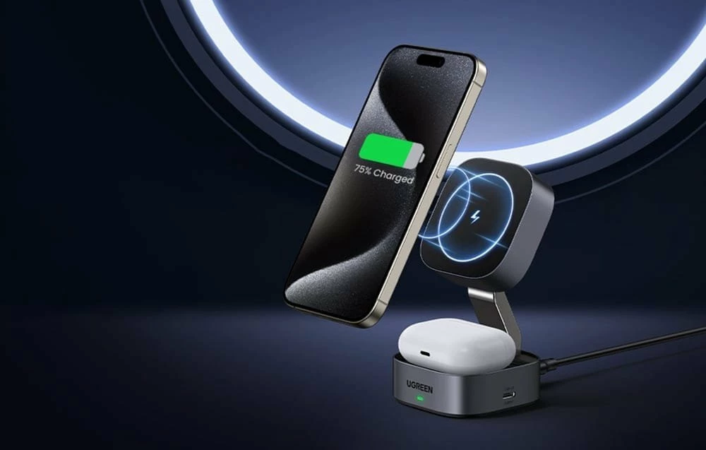 Karikues induktiv Ugreen W256 (35278) 20W, 1x USB-A, 1x USB-C, me kabllo USB-C në USB-C 1m, i zi