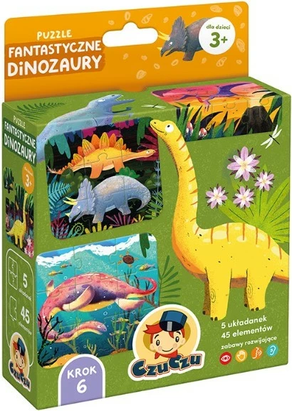 Puzzle për fëmijë CzuCzu Fantastic Dinosaurs, 45 pjesë, shumëngjyrëshe, set prej 5 copësh